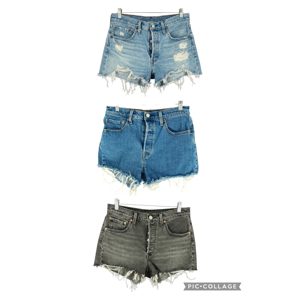 Lot of 3 Levis 501 Original Cut Off Denim Shorts Womens 28 Blue Grey Distressed